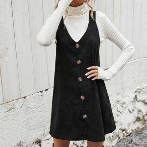 Solid Button Front Corduroy Overall Dress